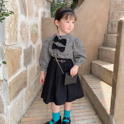 2021 Kids Girl Clothing Set Plaid Blouse Shirt with Bow + Black Skirt Set Toddler Children Clothing Sets kids designer clothes