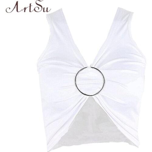 ArtSu Deep V Neck Sexy Crop Top Women Sexy Skinny Sleeveless Ring Vest Club Streetwear Slim Low Cut Solid White Tank Top VE52980