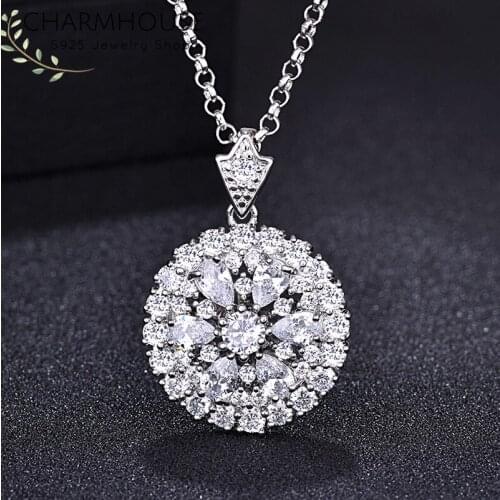 Charmhouse Solid Silver Necklaces For Women Full Zirconia Round Pendant Necklace Long Chain Collier Wedding Bridal Jewelry