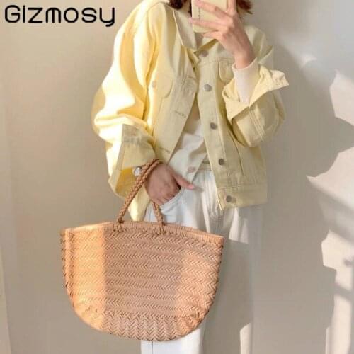 Gizmosy Denim Jacket For Women Oversize Loose 2021 Spring Autumn Long Sleeved Jean Jacket Female Plus Size Yellow Casual Coat