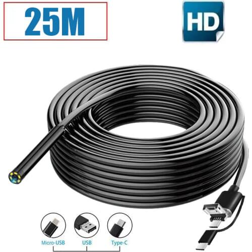 25M 8 mm lens Camera Endoscope HD IP67 Fish finder Cord Tube Mirco USB Type-C Borescope Video Inspection for Android Endoscope