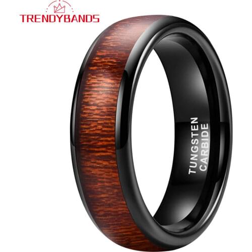 6MM Black Tungsten Carbide Rings For Women Men Wedding Band Red Wood Inlay Domed Comfort Fit
