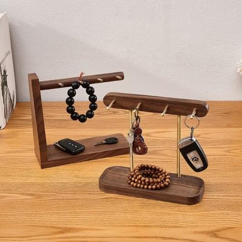 Natural Wood Key Hook Shelf Organizer Black Walnut Door Entrance Storage Rack Home Table Wood Metal Brass Organizer For Sundries
