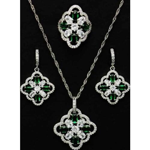 Shiny CZ Russian Hot Sell Luxury style Square Many Colors Silver Color Earrings Ring Necklace Set Shiny Jewelry Set