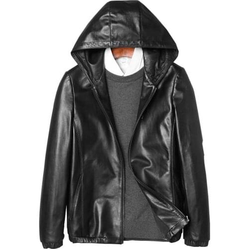 Hooded Real Sheepskin Leather Coat Male Casual Leather Coat Man Spring Real Leather Jacket Sheepskin Hooded Outwear