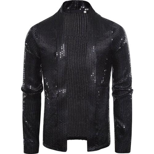Mens Black Sequins Glitter Cardigan Blazers DJ Party Nightclub Dancer Suit Blazer Men Wedding Disco Stage Singer Costume Homme