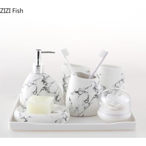 Imitation Marble Pattern Ceramic Bathroom Soap Dispenser Set Tumbler Toothbrush Holder Wash Suit Home Bathroom Accessories Set