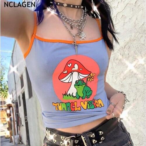NCLAGEN Lovely Cartoon Print Women Slim Fitness Camisole Contrast Color Patchwork Active Crop Top Harajuku Girl Fashion Tanks