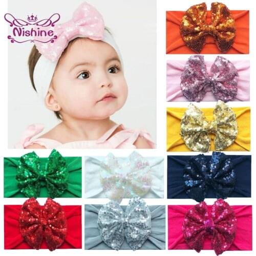 Nishine Kid Toddler Glitter Sequins Bow Headband Soft Nylon Elastic Hairband Baby Girls Headwear Newborn Infant Hair Accessories