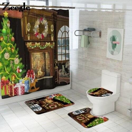 Christmas Bath Mat And Shower Curtain Set Absorbent Bathroom Mat Set Bath Floor Carpet Non-slip Bathroom Foot Mat Set