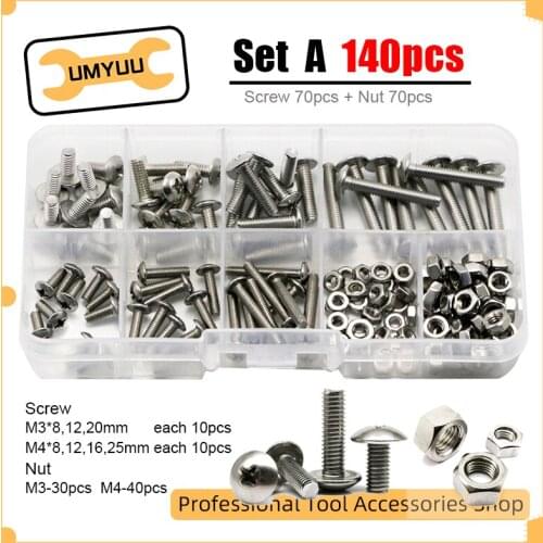 UMYUU 140Pcs Cross Recessed Truss Head Machine Screws M3 M4 Nut Philips Mushroom Head Screw Stainless Steel Nut Assortment Kit