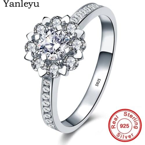 Yanleyu Romantic Engagement Jewelry Gift Real 925 Sterling Silver AAA Zircon CZ Snow Flower Wedding Rings for Women PR363