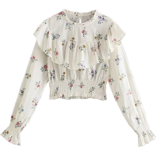 ZA New Retro Floral Printing Blouse Women O-Neck Loose Long Sleeve High Waisted Short Shirts Ruffle decoration Casual Tops