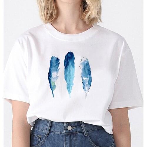 Feather Harajuku printed T-shirt Womens T-shirt fashion casual white T-shirt Dreamcatcher casual O-neck top shirt