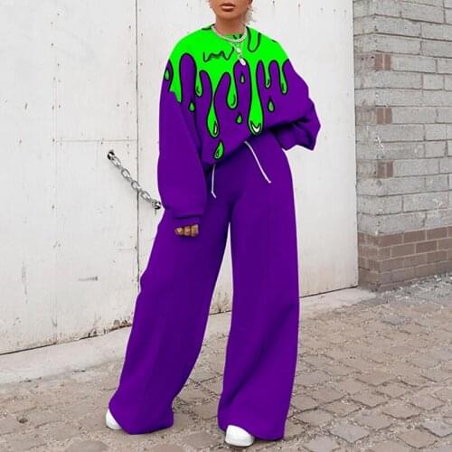 Women Autumn Winter Elegant Print Tops Two-Piece Sets New Fashion Casual Sweatshirt And Wide Leg Pants Suit Streetwear Tracksuit