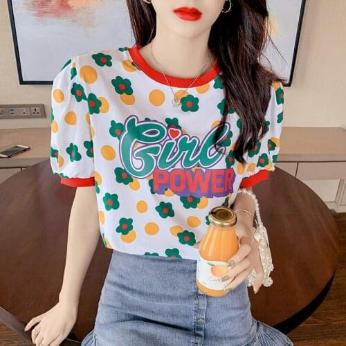 Womens Top Flower Short Sleeve T-shirt Summer 2021 New Casual Loose Printed T-shirt Ladies Top Harajuku