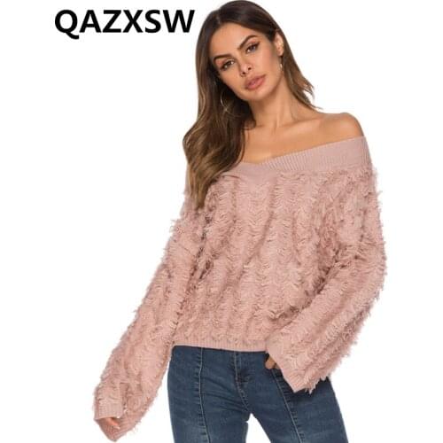 2019 New Spring V Collar Knit Pullover Sweater Large Size Loose Fashion Sexy Temperament Casual Simple Solid Women Sweater ZW013