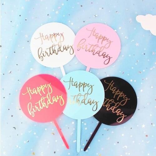 10Pcs Gold Silver Black Acrylic Happy Birthday Cake Topper Round Happy Birthday Cake Topper Dessert Birthday Party Decoration