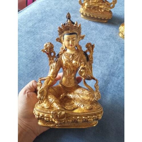 21CM Tibet Buddhism gold gilding Green Tara Guan yin PU SA Buddha statue brass statue HOME family safety effective protection