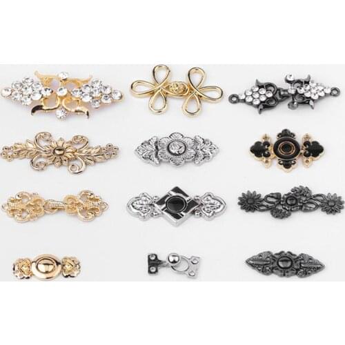 3pairs Retro Metal Buttons Flower Shape Chinese Knot Buttons Crystal Rhinestone Buckle Wedding Dress Decoration Sewing Accessory