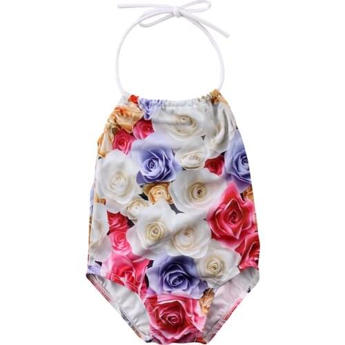 Toddler Baby Kids Girl Floral Rose One-Piece Halterneck Bodysuit Bikini Summer Beachwear Swimwear Swimsuit Bathing Suit