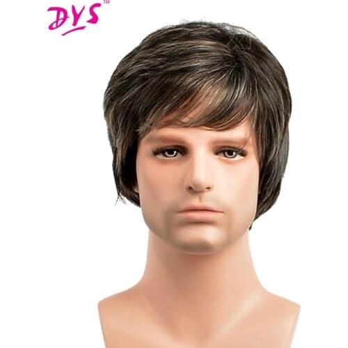 Deyngs Short Straight Mens Wigs Pixie Cut Natural Brown Color Synthetic Mens Wig Heat Resistant Hairstyle With Bang For Male