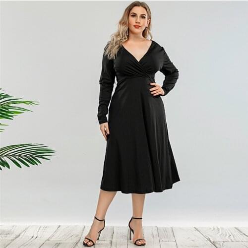 DOIB Women Black Dress Plus Size Cross V Neck Office Lady Dress 2021 Spring Summer Fashion Female Dress