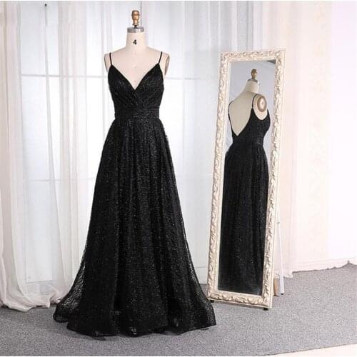 Elegant Black Evening Dresses Backless Floor Length Evening Party Gowns V-neck Spaghetti Straps Formal Dresses Robe De Soiree