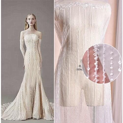 European Luxury Wedding Dress Lace Fabric Sequins Beads Mesh Embroidered Lace Fabric Clothing Decorative DIY Width 130cm 1yard