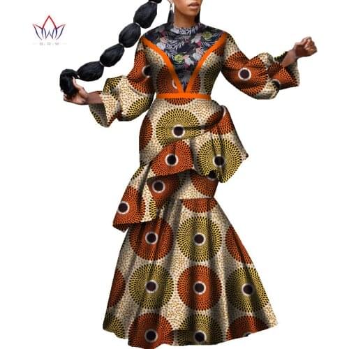 Customize BintaRealWax African Clothes for Women Long Sleeve Tops and Ankle-length Skirt African Women Print Wax Suits WY9017