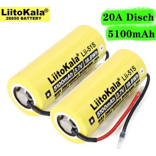 Liitokala 26650 5100mAh high capacity Li-Ion 3.7V battery 20A discharge 3.6V power batteries + DIY cable