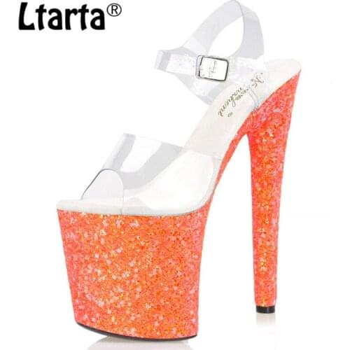 Ltarta 20CM Orange Sexy Sequined Glitter Pole Dance Transparent High Heels Fish Mouth Model Catwalk Nightclub Sandals LYP