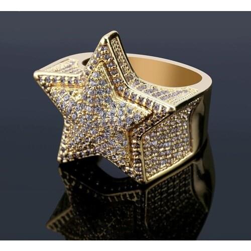 Hip Hop Fashion Solid Star Hip Hop Finger Rings for Men Women Iced Bling CZ Stones Gold Jewelry Optional Size 7-11 Charm Ring