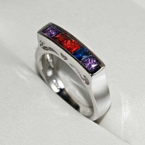 Fashion Silver Rings Rainbow Cubic Zircon Rectangle Rings Gradient Color Rings For Women Wedding Party Unique Jewelry Wholesale