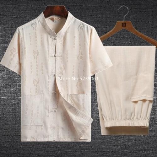 Men Oriental Tang Suit Traditional Chinese Kung Fu T-shirt Pants Clothing Set Tai Chi Uniform Short Sleeve Linen Blouse Costumes