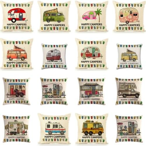 RV Series Cushion Happy To Go Camping Pillowcase Pink Orange Yellow Green Red Blue Car Home Decor Throw Pillow Covers Sofa Chair