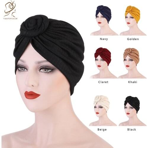 2021 New Fashion Ladies Solid Color Cotton Top Knot Inner Snail Hat African Twist Turban Womens Turban Indian Hair Scarf