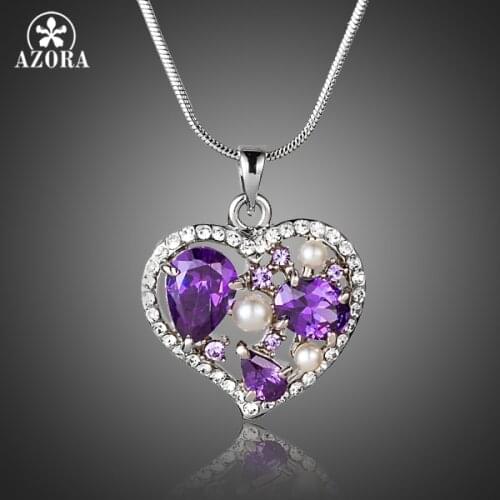 AZORA Purple CZ With Tiny Stellux Austrian Crystal Surround Hear Pendant Necklace for Valentines Day Gift TN0158