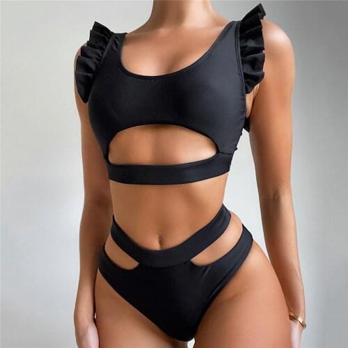 Sexy Black Ruffled Bikinis 2021 Mujer High Waist Swimsuit Women Push Up Swimwear Cut Out Bathing Suit Brazilian Thong Bikini Set