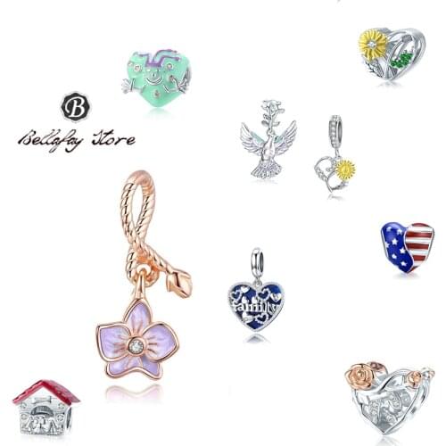 Bellafay Customed Real 925 Silver Flower Pendant Room Charm Heart Beads Fits Original Bracelet Bangles Girls DIY Jewelry Gifts
