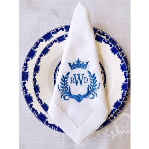 RD21018 Customized Hemstitched Classic Elegant Crown 3 Letters Monogram Embroidery Quality, Linen Napkin, Table Decor Wedding