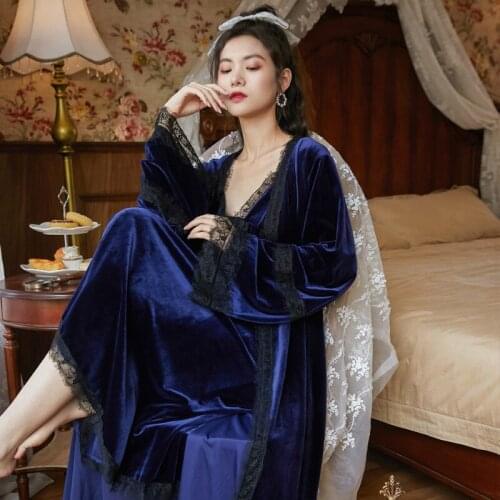 Roseheart Winter Red Blue Womens Sleep Pajama Sets Sleepwear Nightwear Suits Lace Plus Size 2 Pieces Robe Gown Sets Pleuche