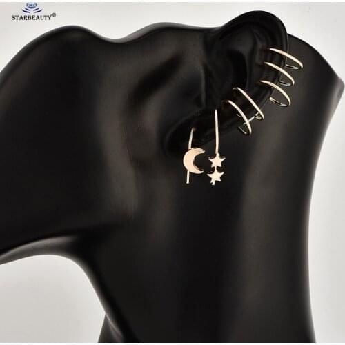 7 pcs/lot Moon Star Ear Piercing Helix Piercing Oreja Nose Ring Earring Set Gold Color Fake Earrings Pircing de Orelha Jewelry