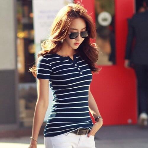 S-5XL Summer T-shirt Women 2020 Cotton Striped V-Neck Short Sleeve Tops Tee Casual Slim Plus Size Female T-shirts WXF709