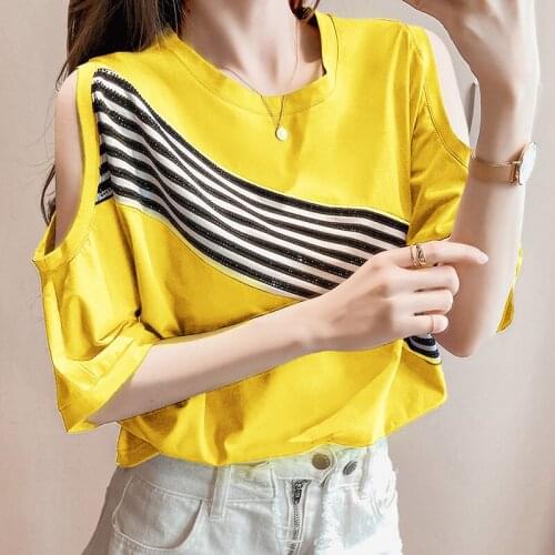 2021Summer New Hot drilling Off shoulder Women T-shirts Tops Korean Fashion Female Loose Batwing sleeve Women T shirt gothic