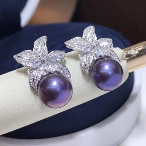 D513 Pearl Earrings Fine Jewelry 925 Sterling Silver Round 9-10mm Nature Fresh Water Purple Pearls Stud Earrings Women