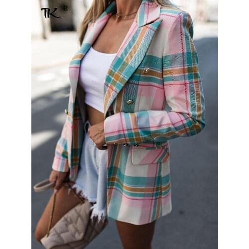 Women Plaid Printing Blazers Double Breasted Long Sleeve Notched Blazer Pockets Slim Office Lady Elegant Tops Casual Autumn 2021