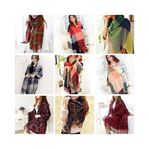 Women Wool Tassels Plaid Pashmina Tartan Warm Winter Neck Soft Scarf Shawl Wrap