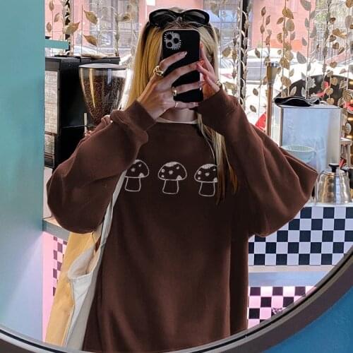 2021 Fashion Casual Sweater Womens Cute Mushroom Print Round Neck Solid Color Hoodie Long Sleeve Loose Harajuku Style Sweater