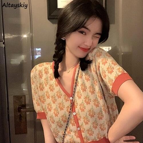 Cardigan Women Floral Knitting V-neck Vintage All-match Short Female Clothing Thin Single Breasted Crop Sweater Elegant Ulzzang